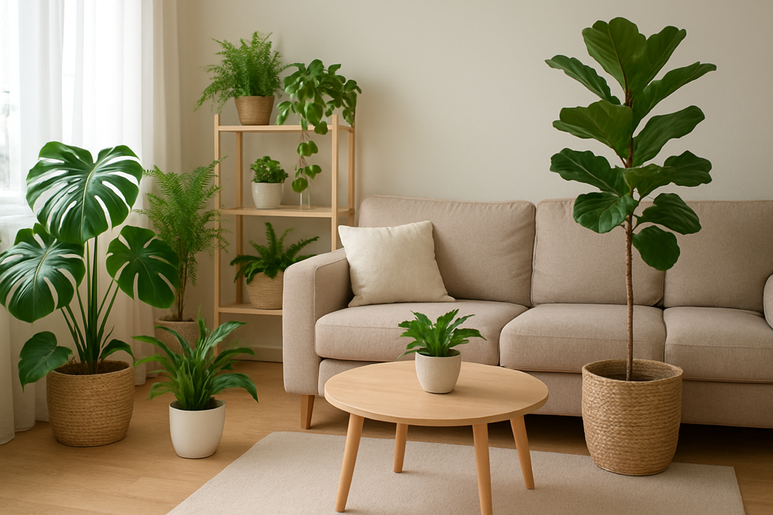 Rodzinne wnętrze z bezpiecznymi roślinami doniczkowymi – ilustracja artykułu