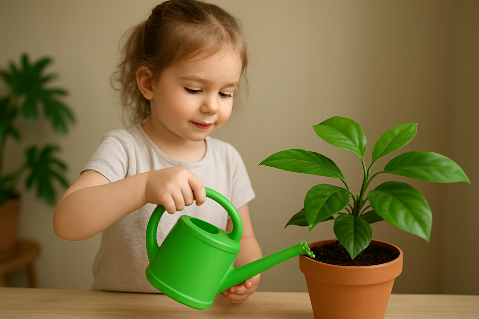 Dziecko podlewające roślinę razem z dorosłym przy oknie – ilustracja artykułu