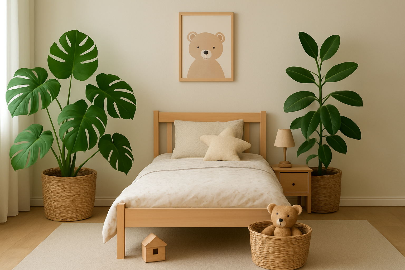 Sypialnia dziecka z bezpiecznymi roślinami na parapecie – ilustracja artykułu