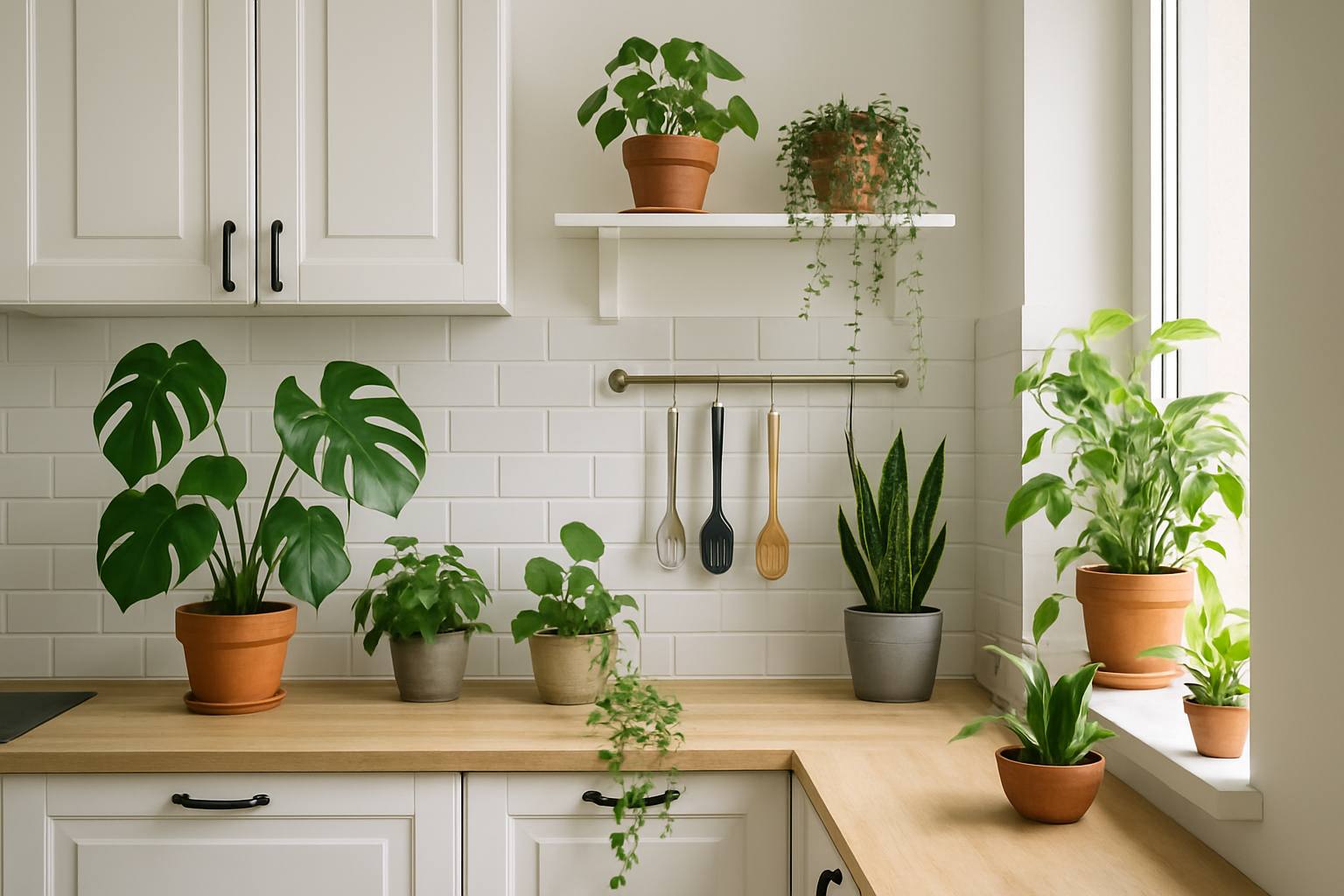 Mała kuchnia z parapetem pełnym doniczek z ziołami i sukulentami – ilustracja artykułu