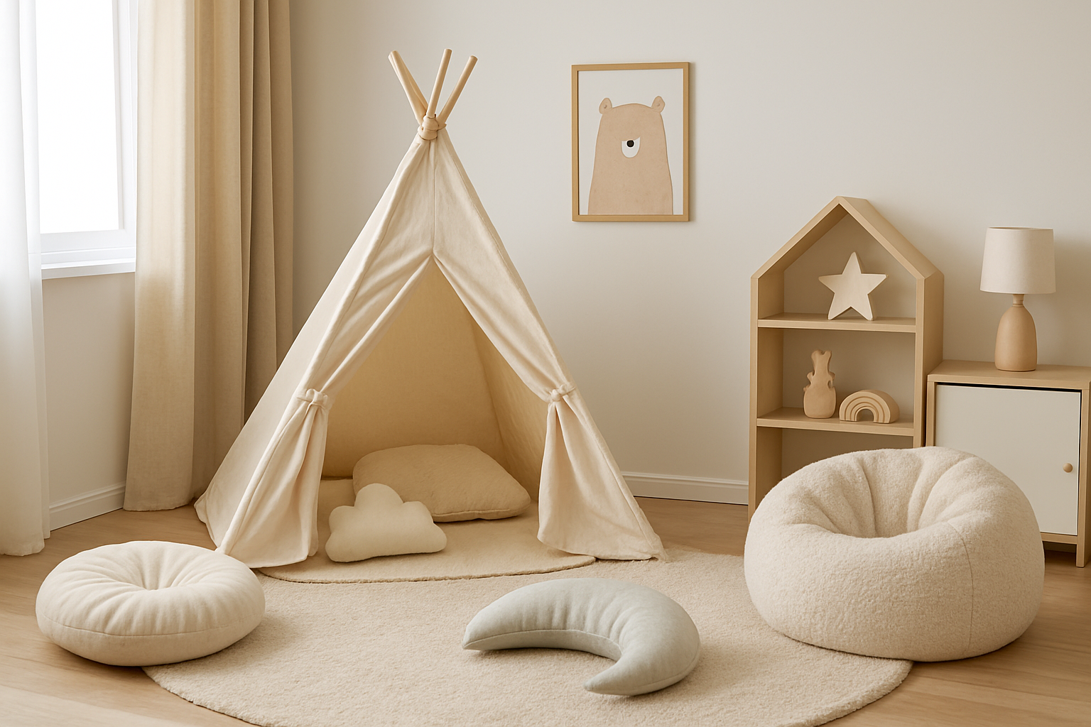 Przytulny kącik odpoczynku w pokoju dziecka z poduchami i baldachimem – ilustracja artykułu