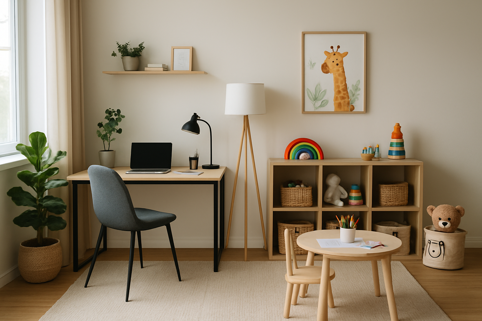 Przytulne domowe biuro połączone z pokojem dziecięcym z biurkiem, łóżkiem i roślinami – ilustracja artykułu