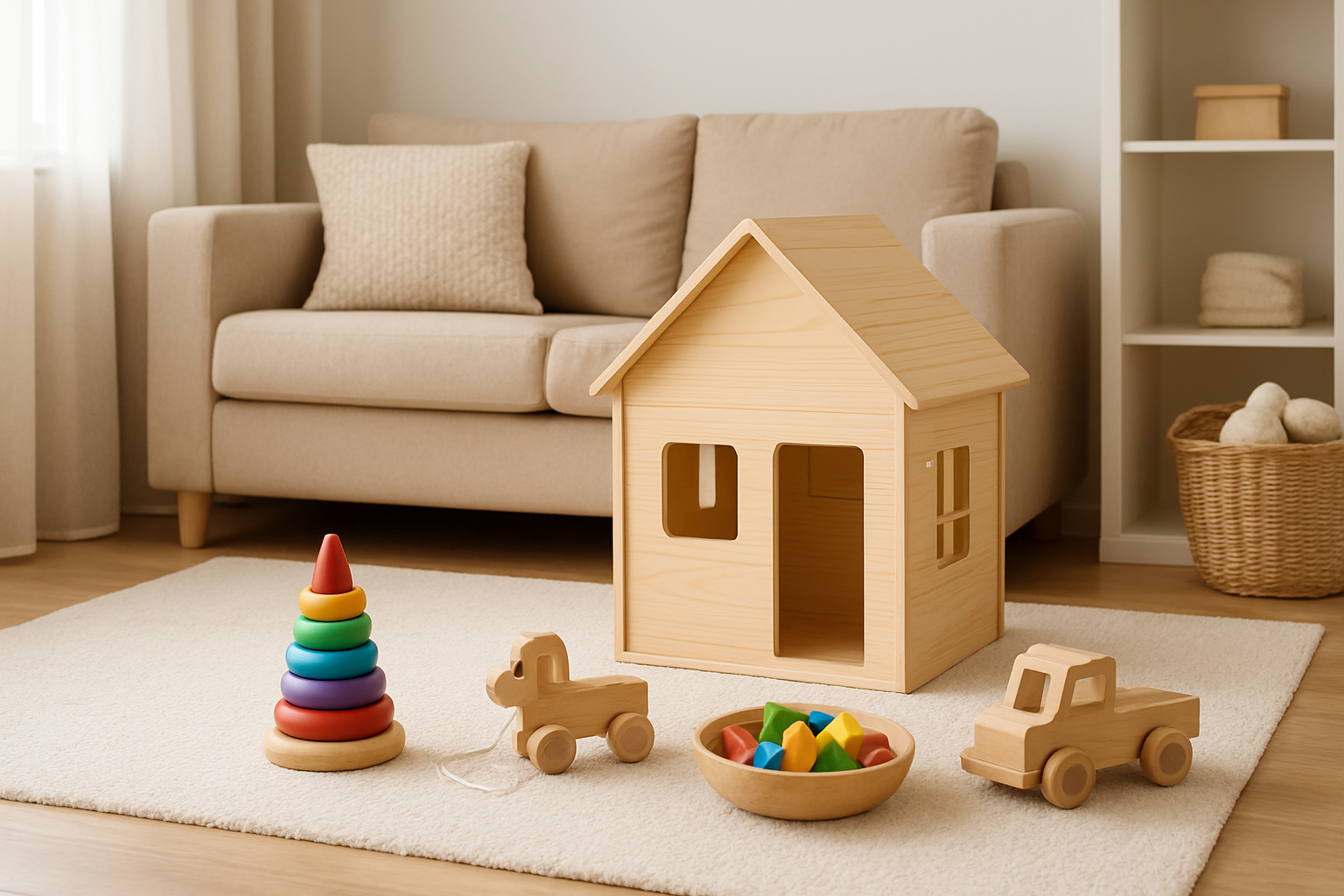 Mały kącik do zabawy w jasnym mieszkaniu z matą i niskim regałem – ilustracja artykułu