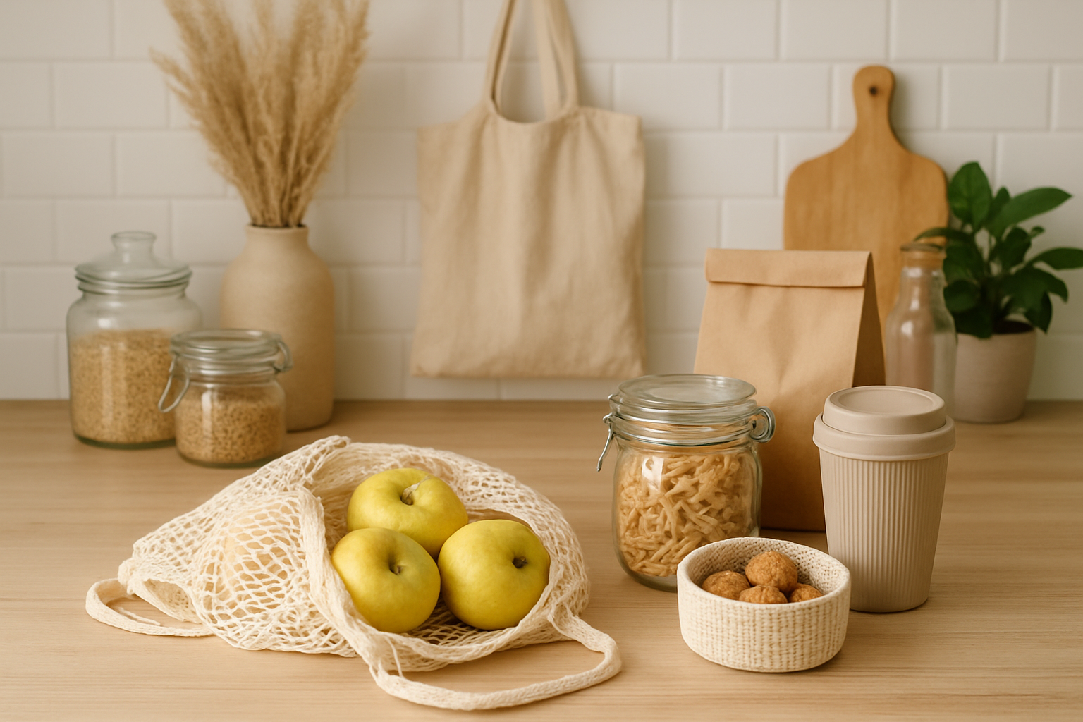 Przytulne wnętrze w stylu less waste z odnawianym drewnianym stolikiem i roślinami – ilustracja artykułu