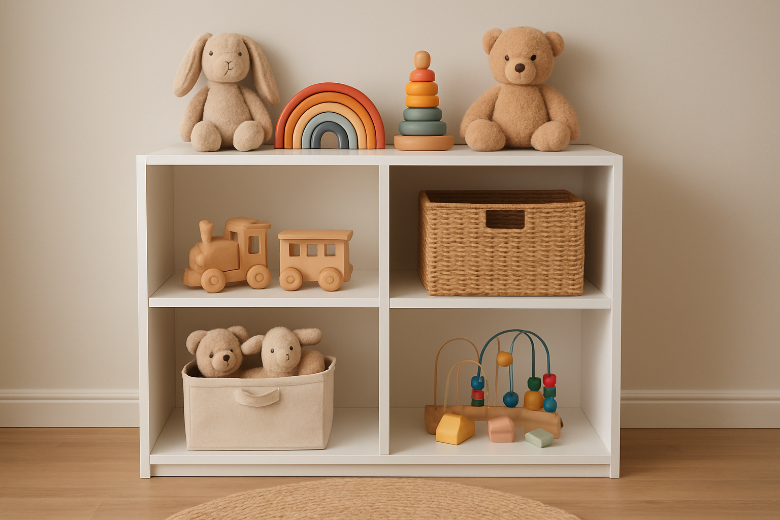 Jasny pokój dziecięcy z drewnianymi półkami na zabawki i pastelowymi pojemnikami – ilustracja artykułu