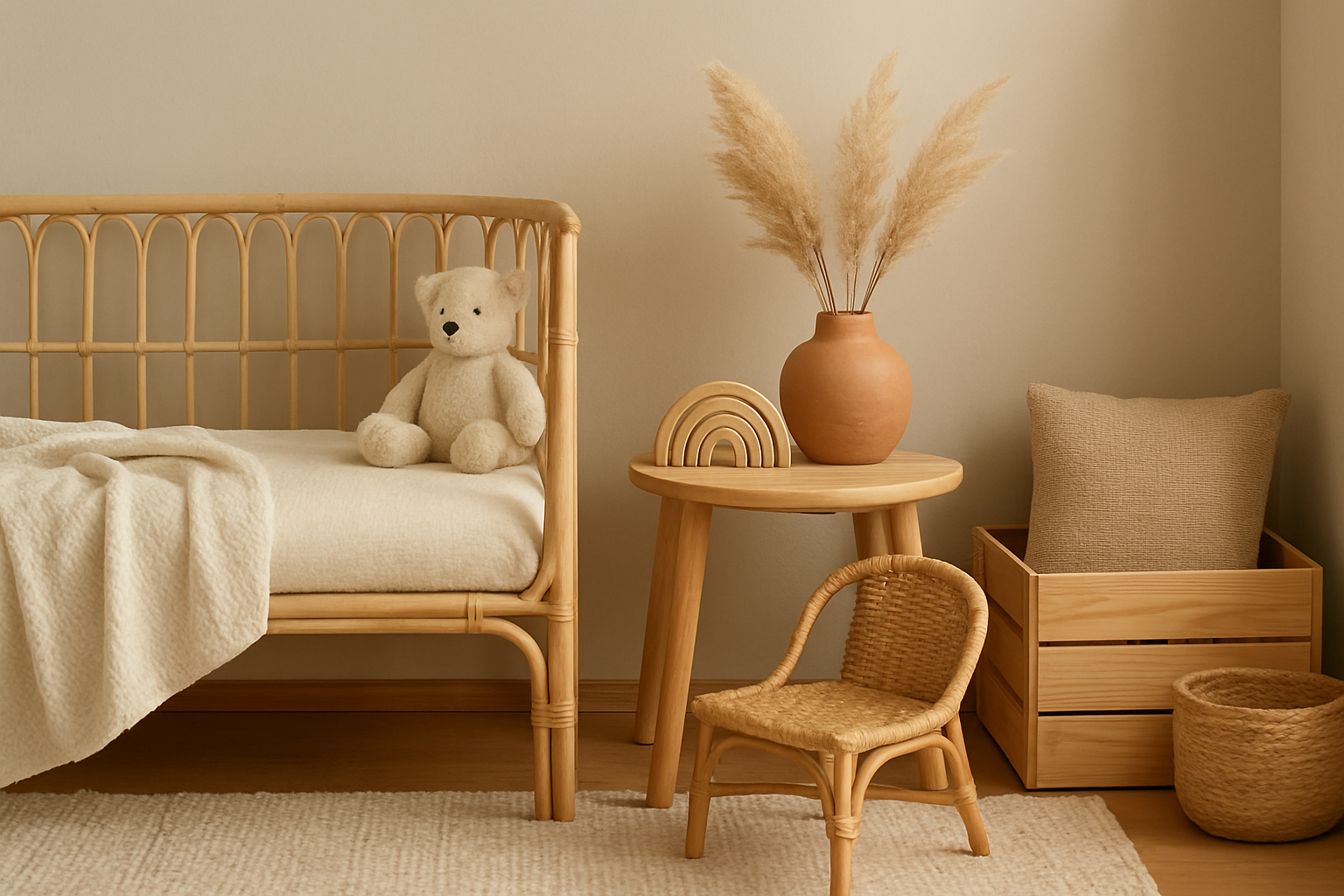 Przytulny pokój dziecięcy z naturalnymi materiałami: drewno, len, wełna i rośliny – ilustracja artykułu