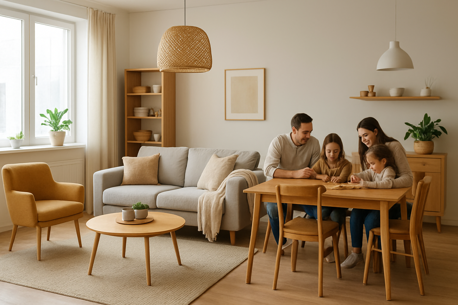 Funkcjonalna rodzinna strefa dzienna z meblami wielofunkcyjnymi i roślinami – ilustracja artykułu