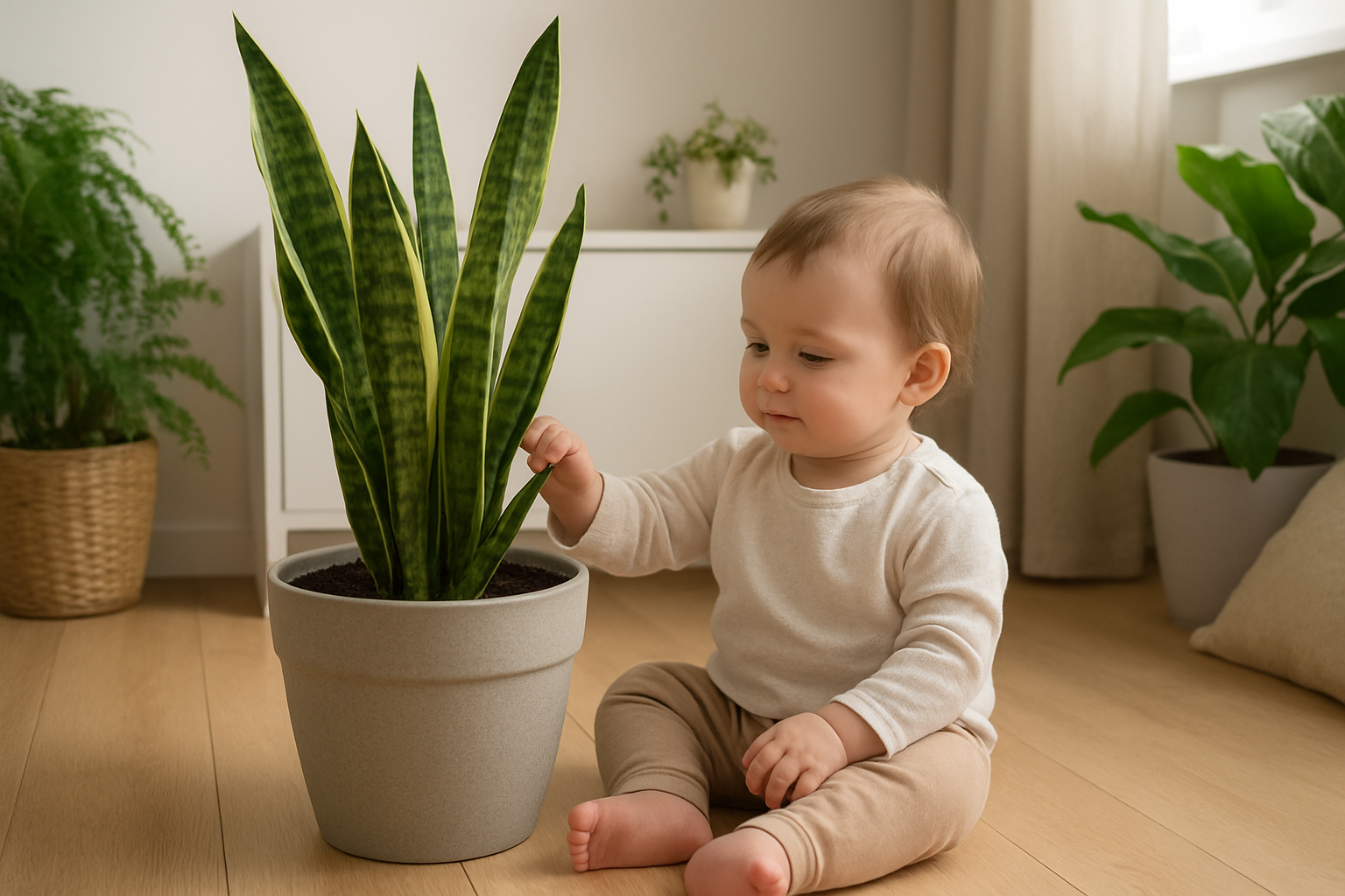 Salon z dzieckiem i bezpiecznymi roślinami doniczkowymi – ilustracja artykułu