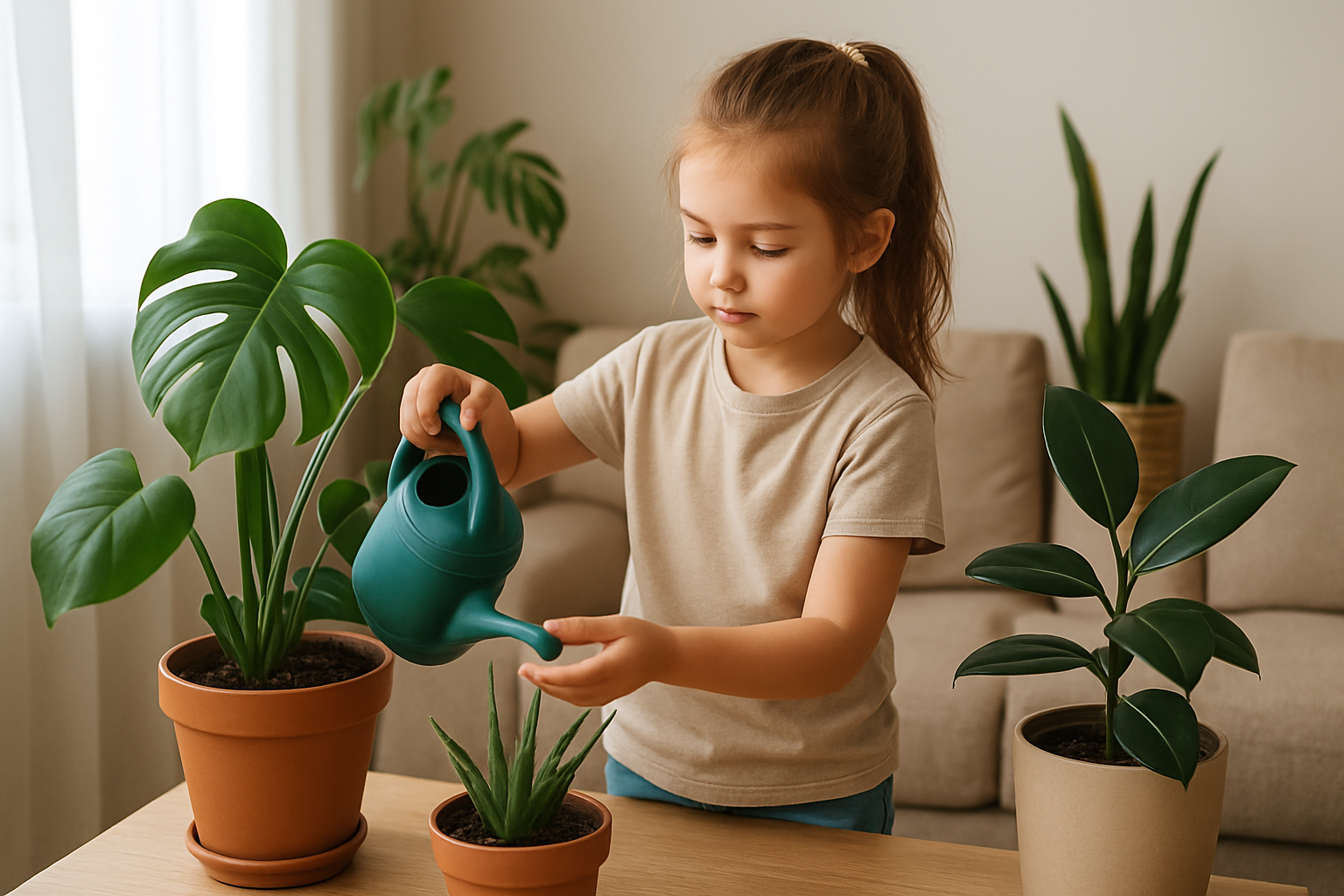 Dzieci obserwujące bezpieczne rośliny w przytulnym wnętrzu – ilustracja artykułu