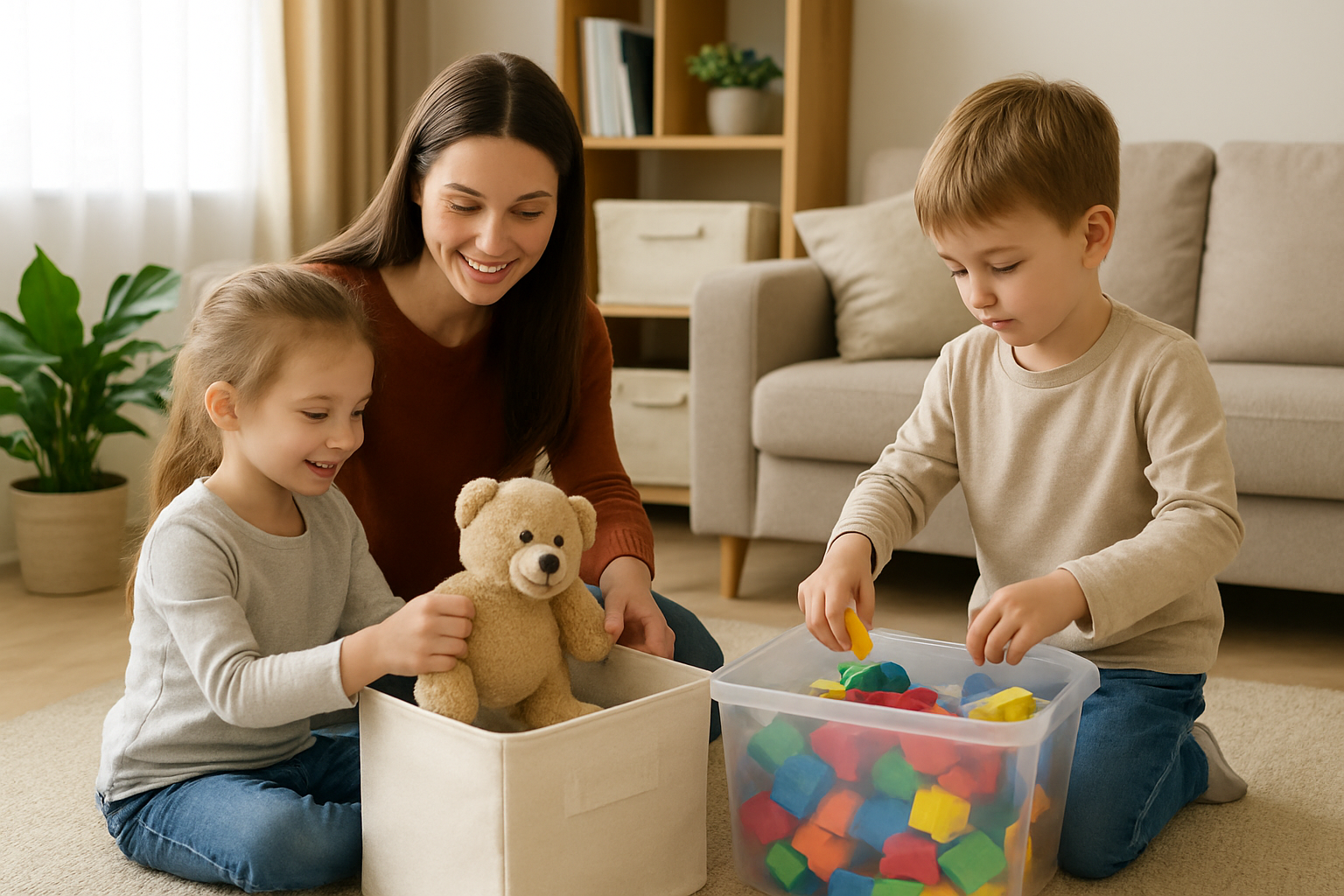 Zorganizowany rodzinny salon z pojemnikami na zabawki i dziećmi – ilustracja artykułu