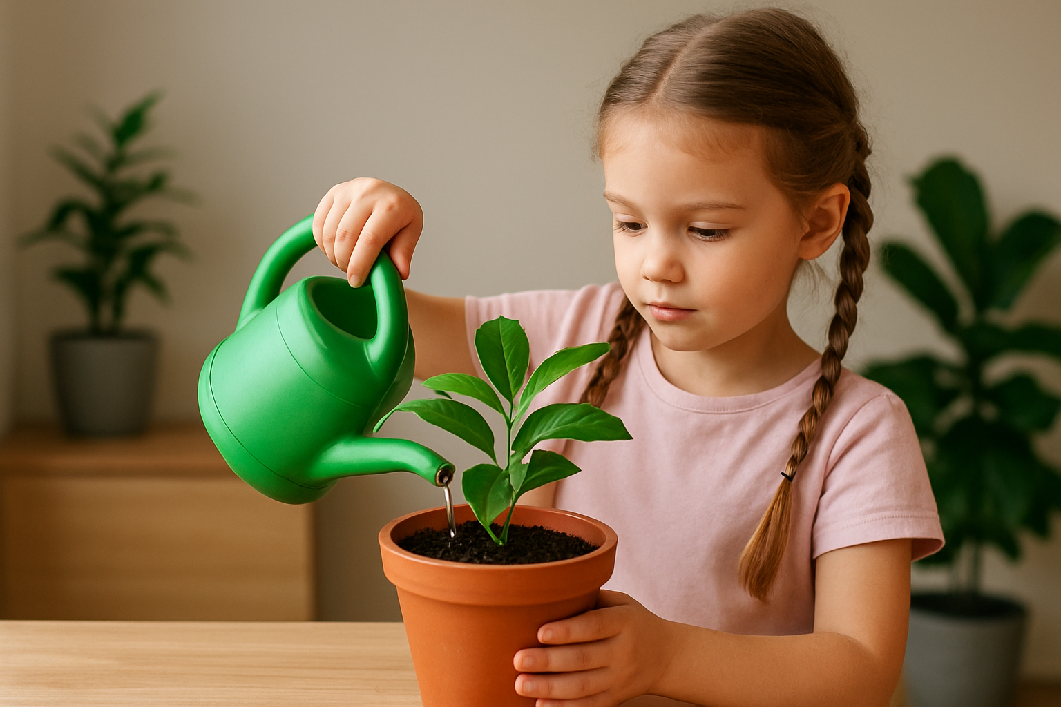 Dziecko podlewające roślinę w domowym kąciku roślinnym – ilustracja artykułu