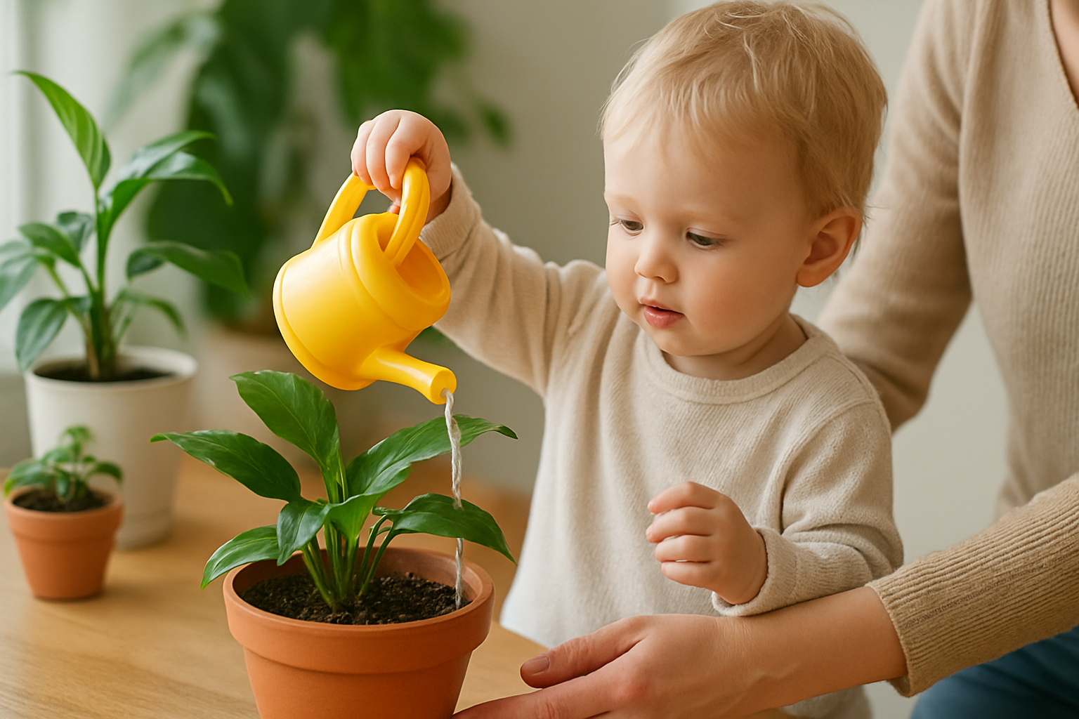Rodzic podlewający rośliny w domu z małym dzieckiem obok – ilustracja artykułu