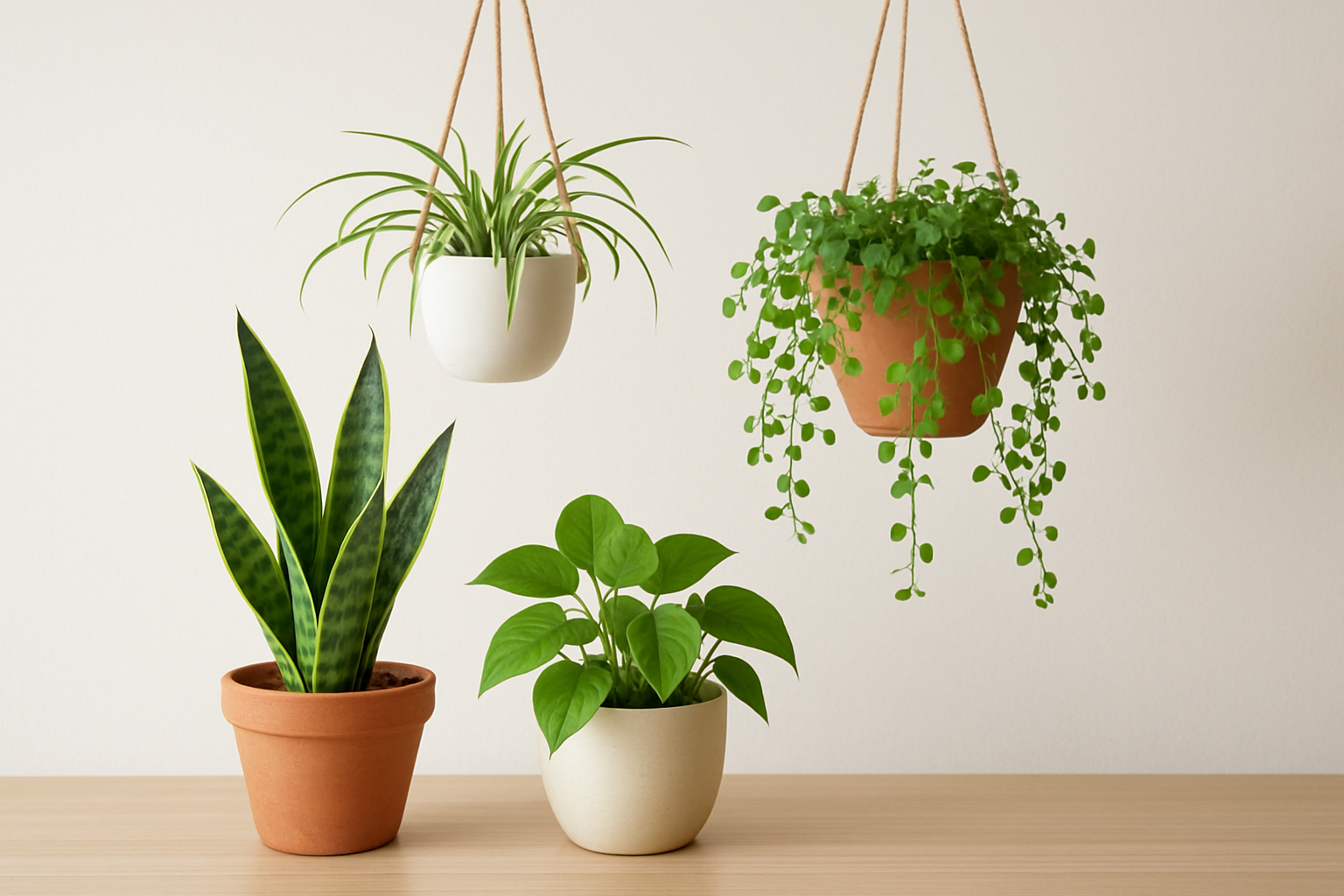 Mała, zielona aranżacja z doniczkami na półkach i parapecie – ilustracja artykułu