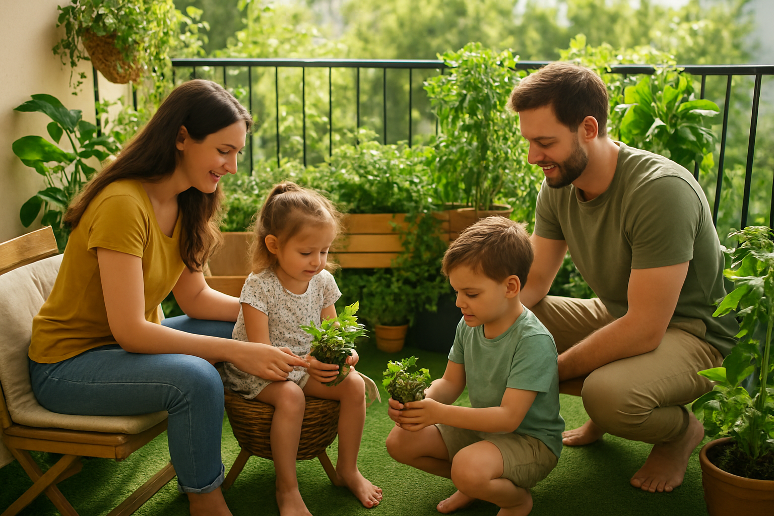 Rodzina pielęgnująca zielony balkon z donicami i roślinami – ilustracja artykułu
