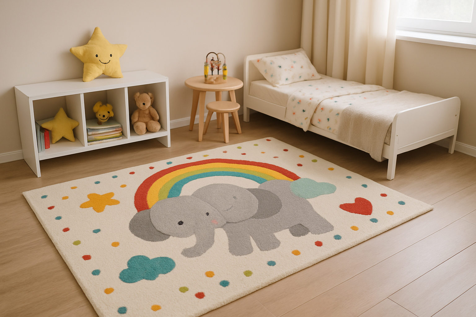 Przytulny pokój dziecięcy z jasnoszarym dywanem – ilustracja artykułu