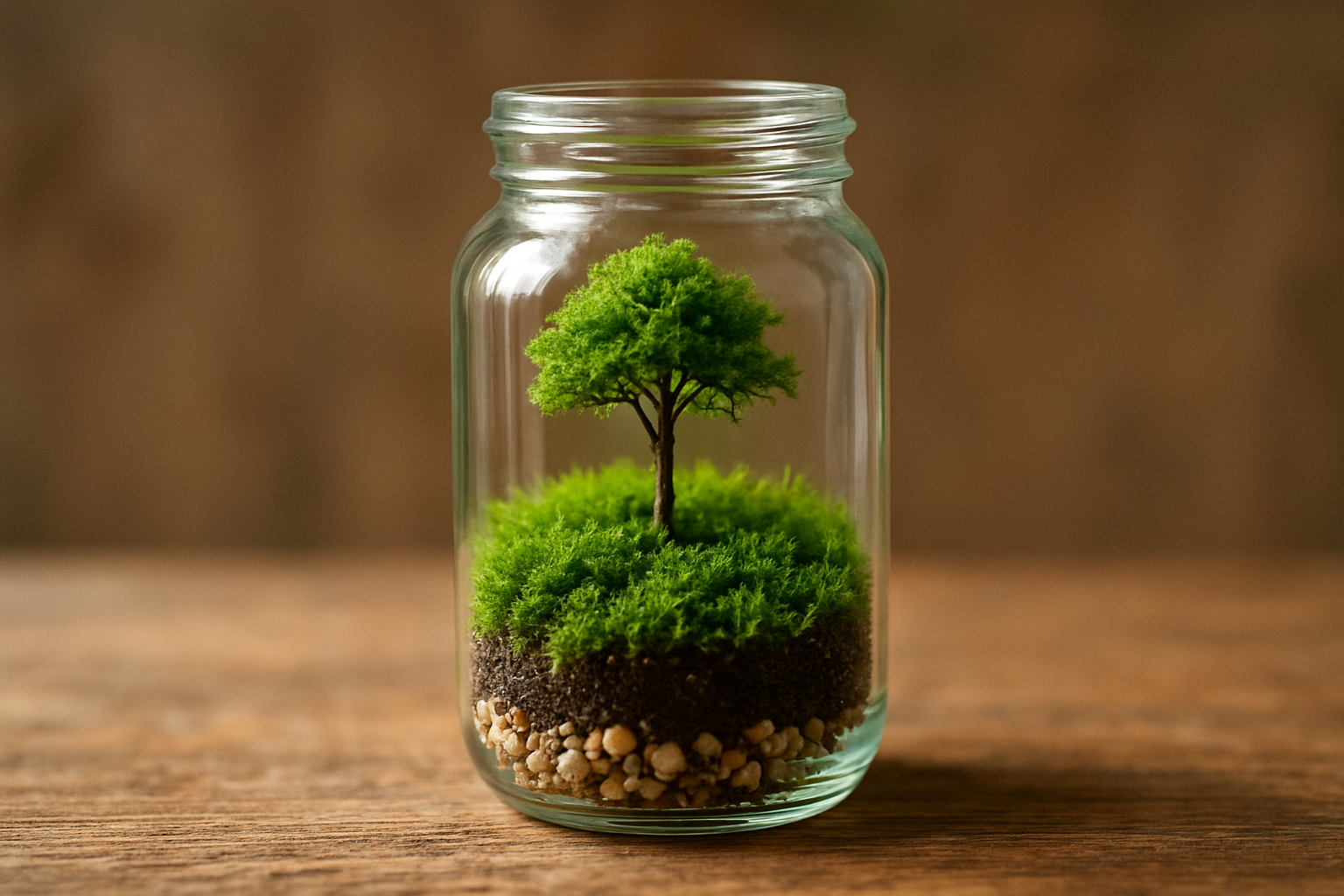 Mini las w słoiku z mchem i paprociami na stole – ilustracja artykułu