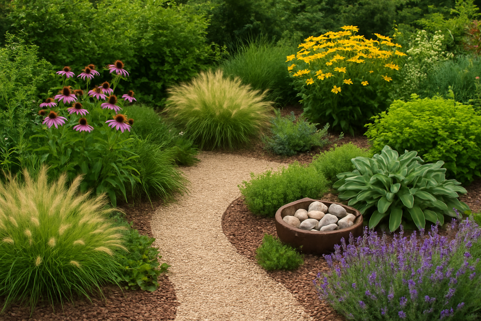 Ogród sensoryczny z kolorowymi roślinami, ścieżkami i miejscem do relaksu – ilustracja artykułu