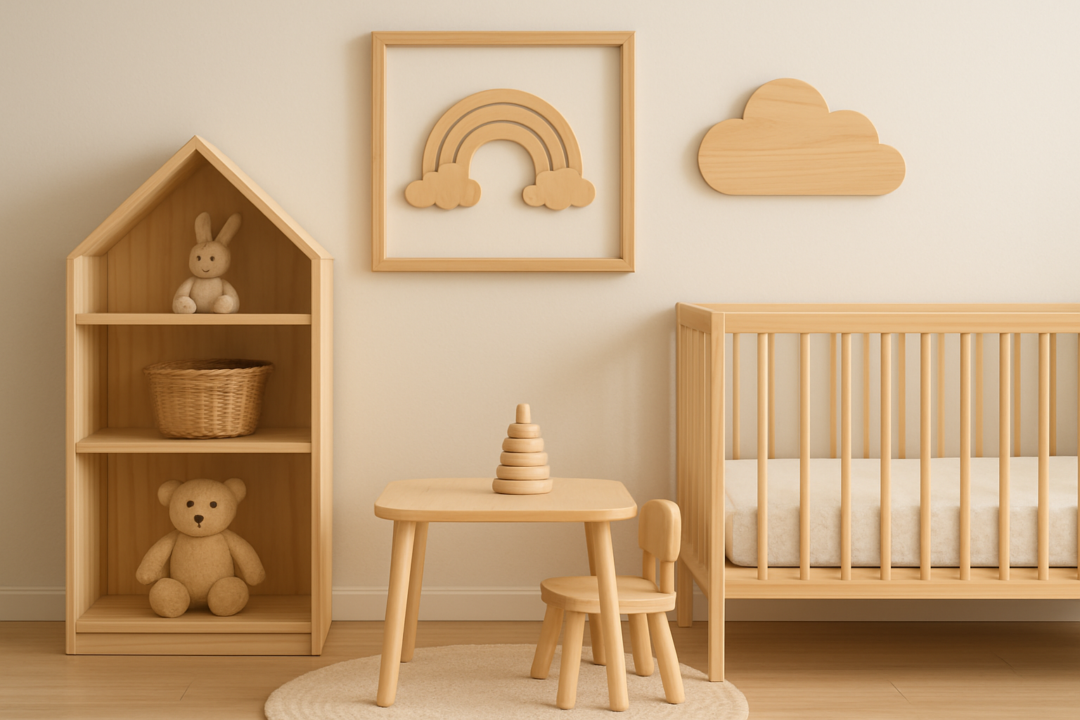 Pok f3j malucha z drewnianym 42 f37czkiem w kszta bet domku i drewnianymi p f342kami – ilustracja artykułu