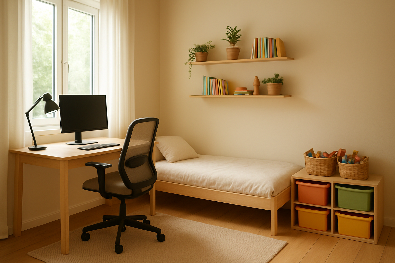 Przytulne domowe biuro połączone z pokojem dziecięcym z biurkiem, łóżkiem i roślinami