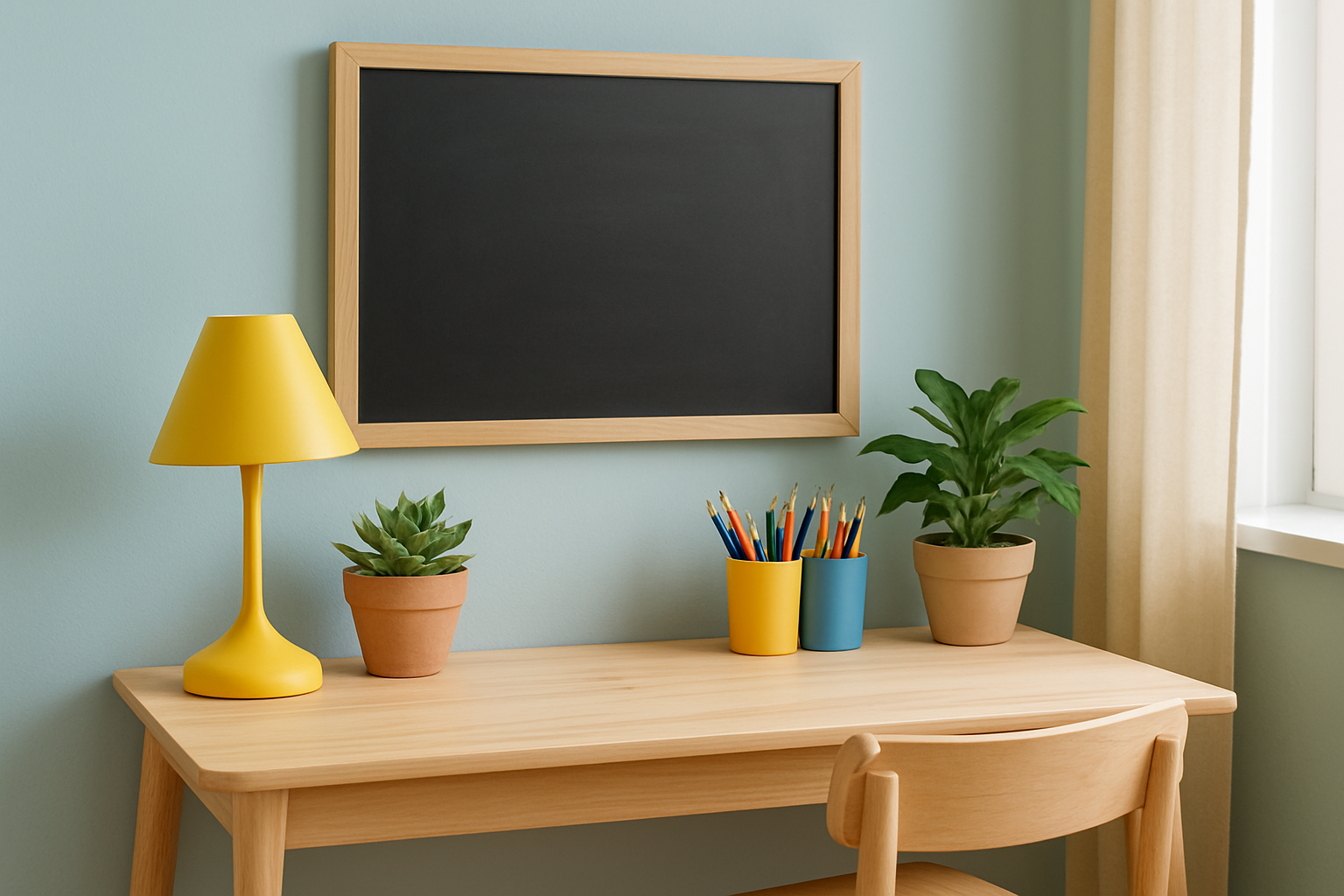 Kącik do nauki z niebieską ścianą, żółtą lampą i roślinami