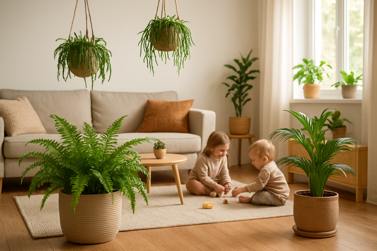 Rodzinne wnętrze z bezpiecznymi roślinami doniczkowymi