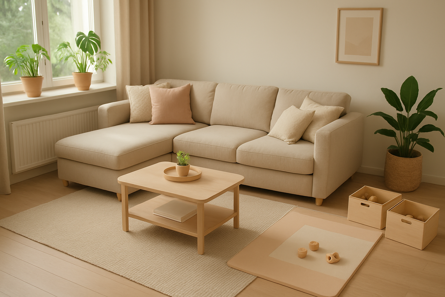 Rodzinny salon z sofą, kącikiem zabawy i roślinami