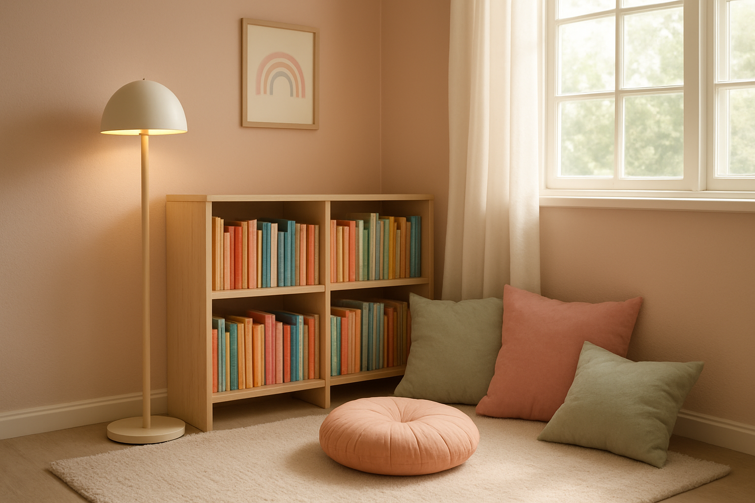 Przytulny kącik czytelniczy z półką pełną książek dla dzieci