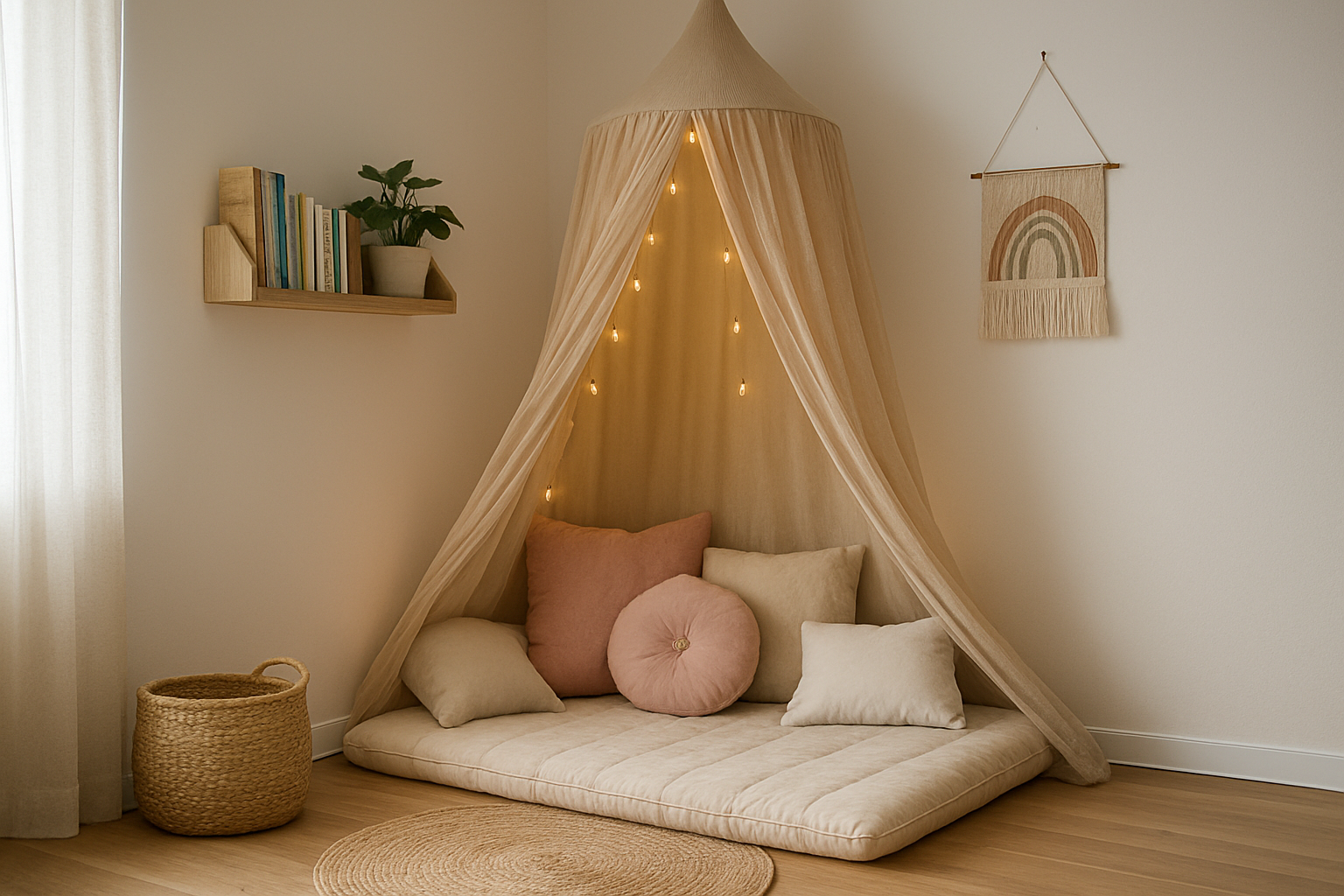 Przytulny kącik odpoczynku w pokoju dziecka z poduchami i baldachimem