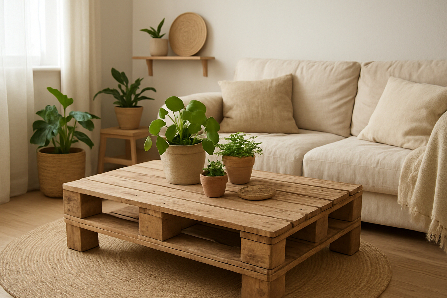 Przytulne wnętrze w stylu less waste z odnawianym drewnianym stolikiem i roślinami