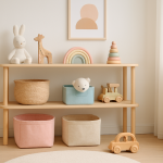 Jasny pokój dziecięcy z drewnianymi półkami na zabawki i pastelowymi pojemnikami