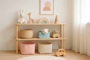 Jasny pokój dziecięcy z drewnianymi półkami na zabawki i pastelowymi pojemnikami