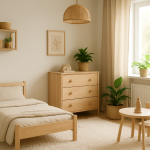 Przytulny pokój dziecięcy z naturalnymi materiałami: drewno, len, wełna i rośliny