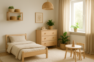 Przytulny pokój dziecięcy z naturalnymi materiałami: drewno, len, wełna i rośliny