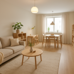 Funkcjonalna rodzinna strefa dzienna z meblami wielofunkcyjnymi i roślinami