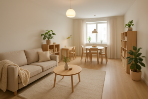 Funkcjonalna rodzinna strefa dzienna z meblami wielofunkcyjnymi i roślinami