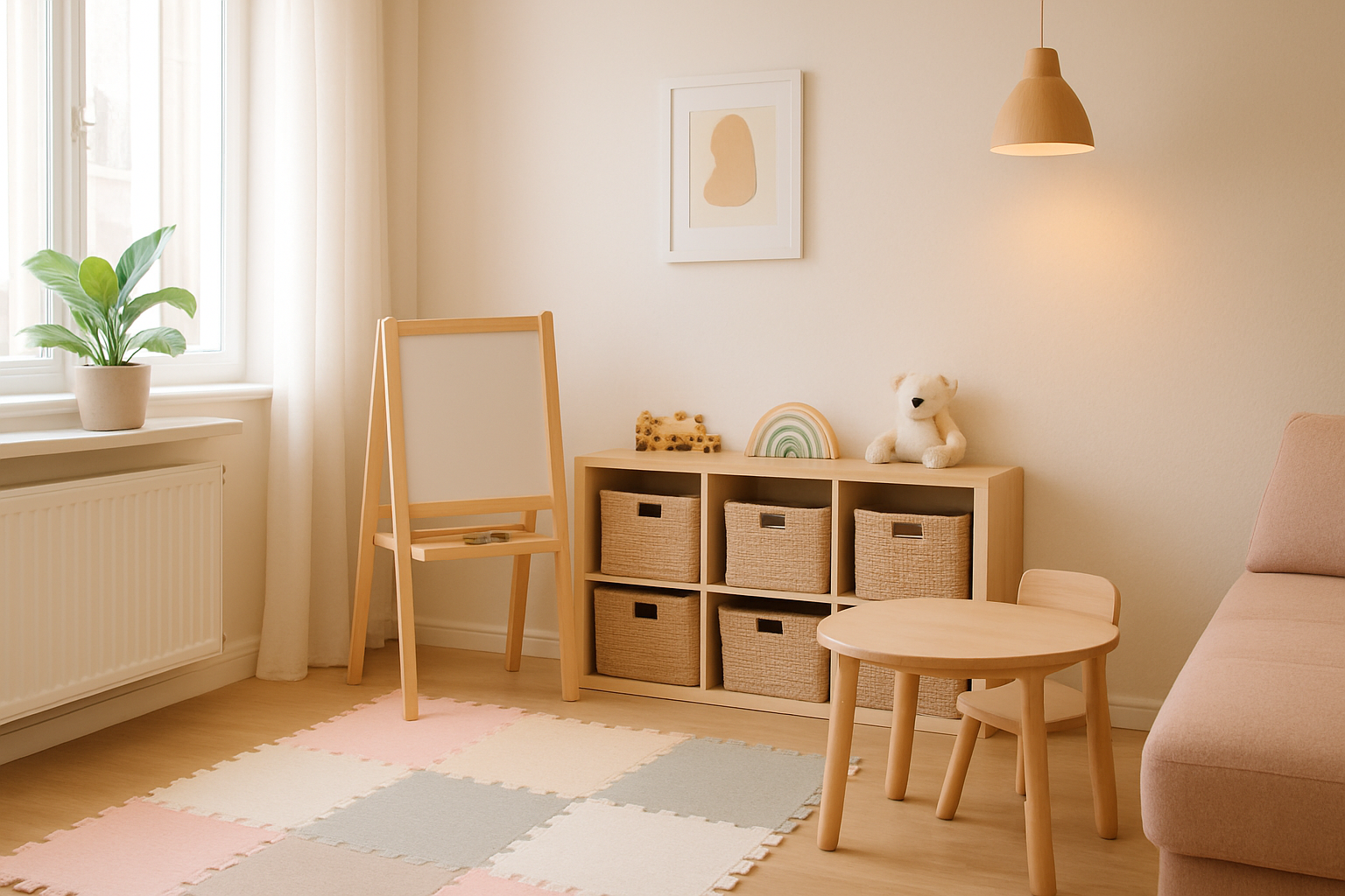 Mały kącik do zabawy w jasnym mieszkaniu z matą i niskim regałem