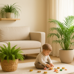 Salon z dzieckiem i bezpiecznymi roślinami doniczkowymi