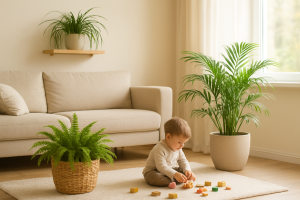 Salon z dzieckiem i bezpiecznymi roślinami doniczkowymi