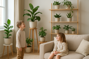 Dzieci obserwujące bezpieczne rośliny w przytulnym wnętrzu