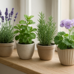 Doniczki z lawendą, miętą i rozmarynem na parapecie
