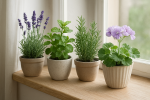 Doniczki z lawendą, miętą i rozmarynem na parapecie