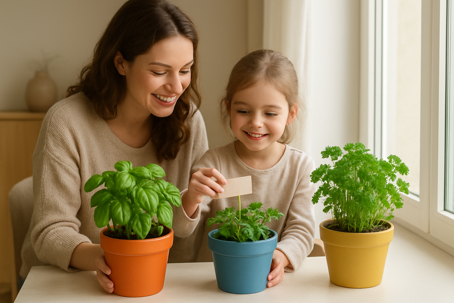 Dziecko i rodzic tworzą domowy zielnik na parapecie