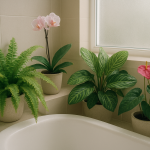 Zielone rośliny w wilgotnej łazience: paproć, storczyk, kalatea