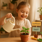Dziecko podlewające roślinę w domowym kąciku roślinnym