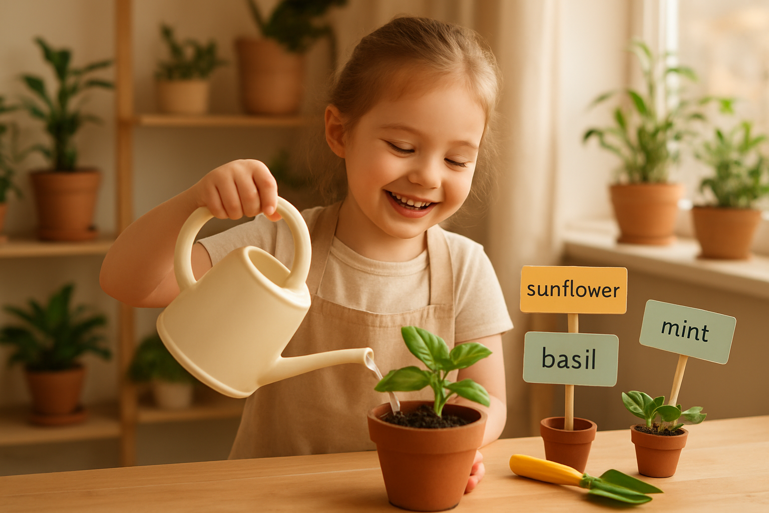 Dziecko podlewające roślinę w domowym kąciku roślinnym