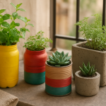 Recyklingowe doniczki DIY na balkonie z ziołami i sukulentami