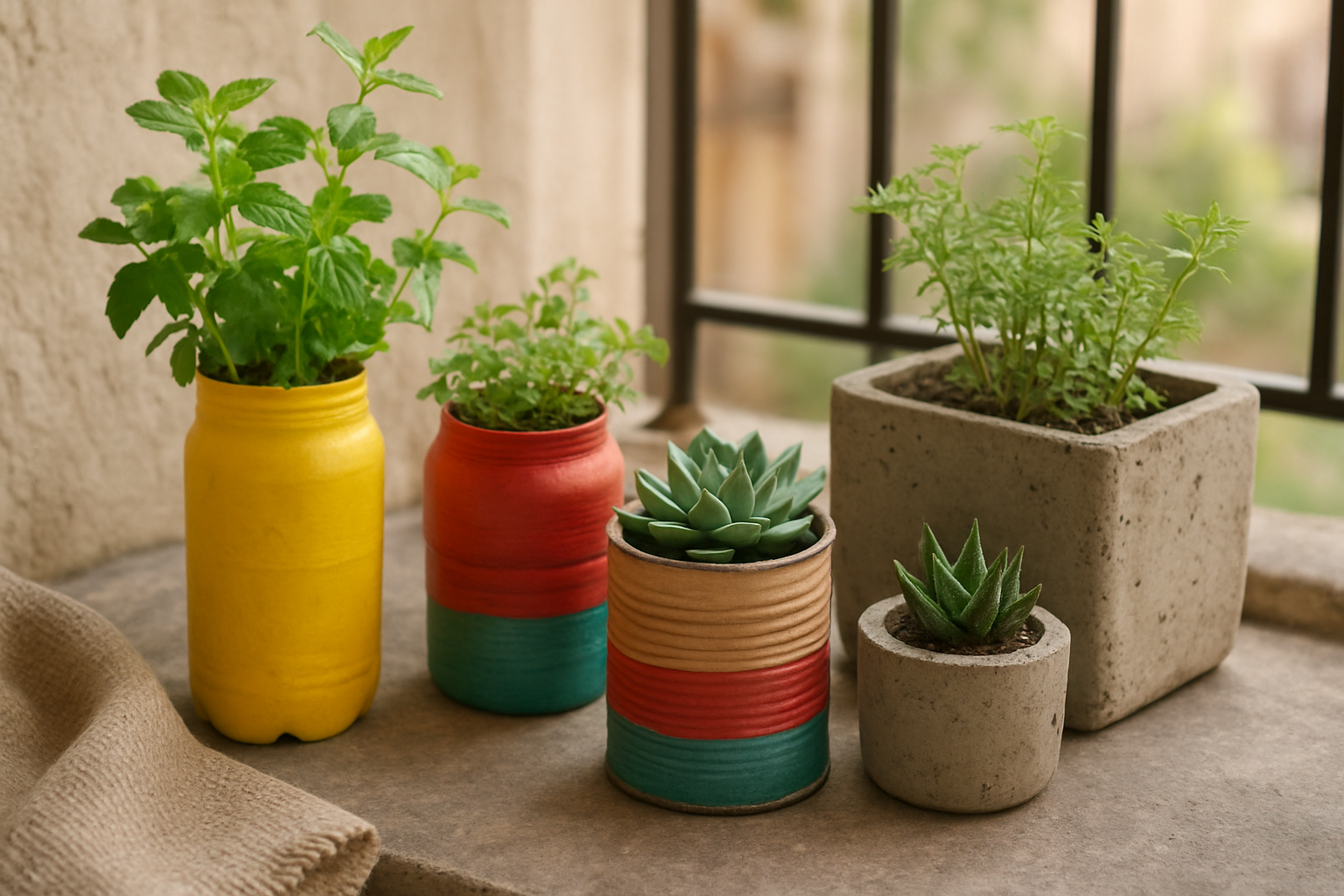 Recyklingowe doniczki DIY na balkonie z ziołami i sukulentami