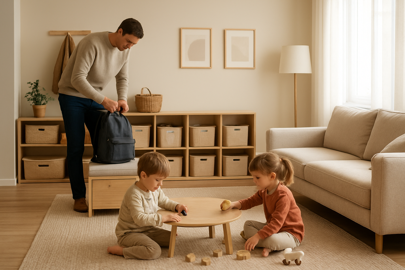 Zorganizowany rodzinny salon z pojemnikami na zabawki i dziećmi