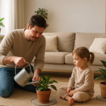 Rodzic podlewający rośliny w domu z małym dzieckiem obok