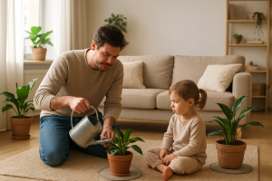 Rodzic podlewający rośliny w domu z małym dzieckiem obok